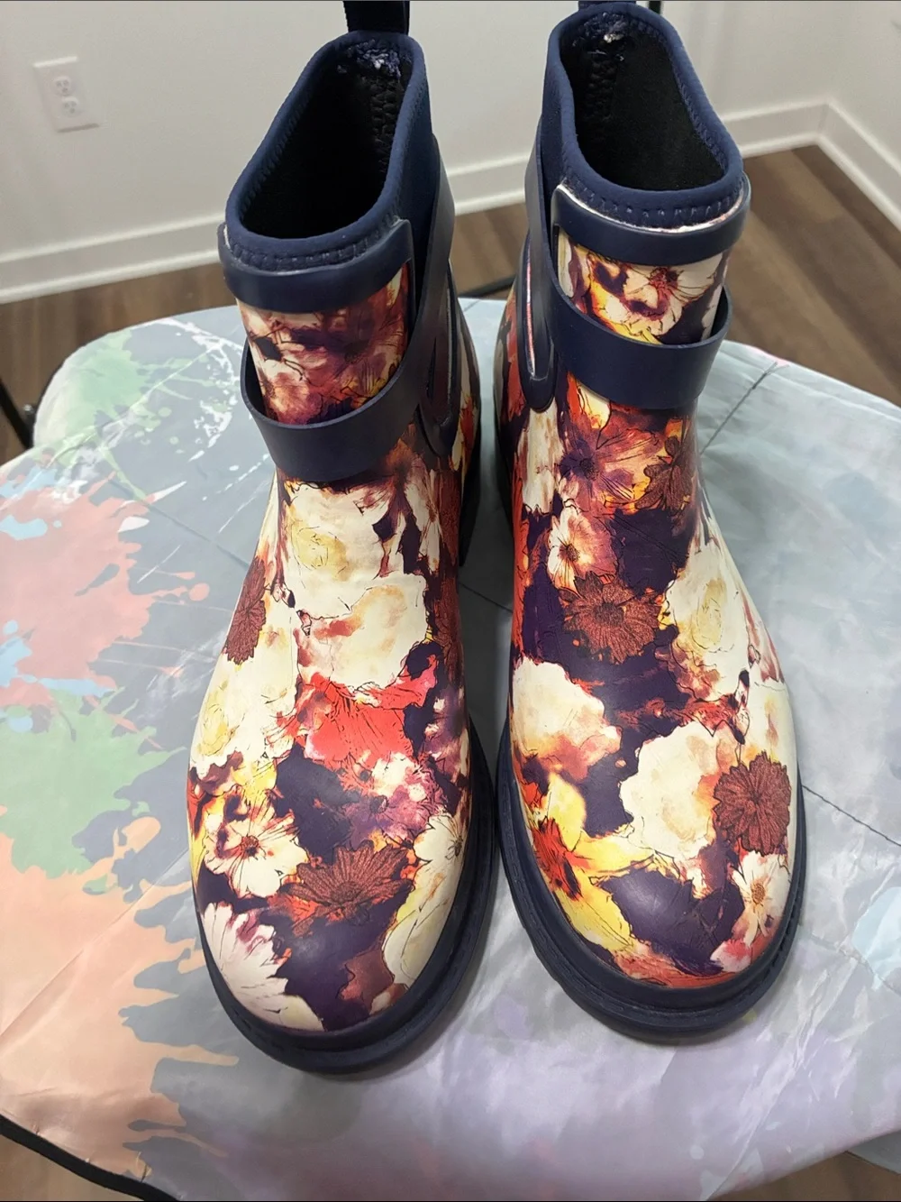 Floral Waterproof Ankle Rain Boots in Navy and Cream